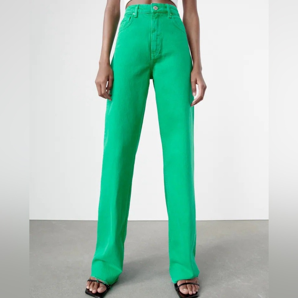 Zara High Waisted Green Wide Leg Jeans